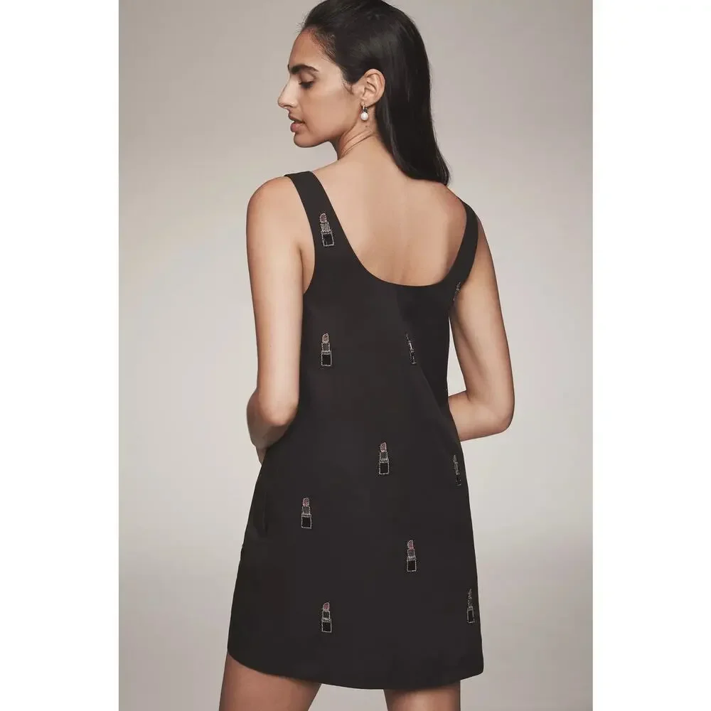 New Anthropologie Maeve Sleeveless Bow Shift Mini Dress $228 2X Black Lipstick_2